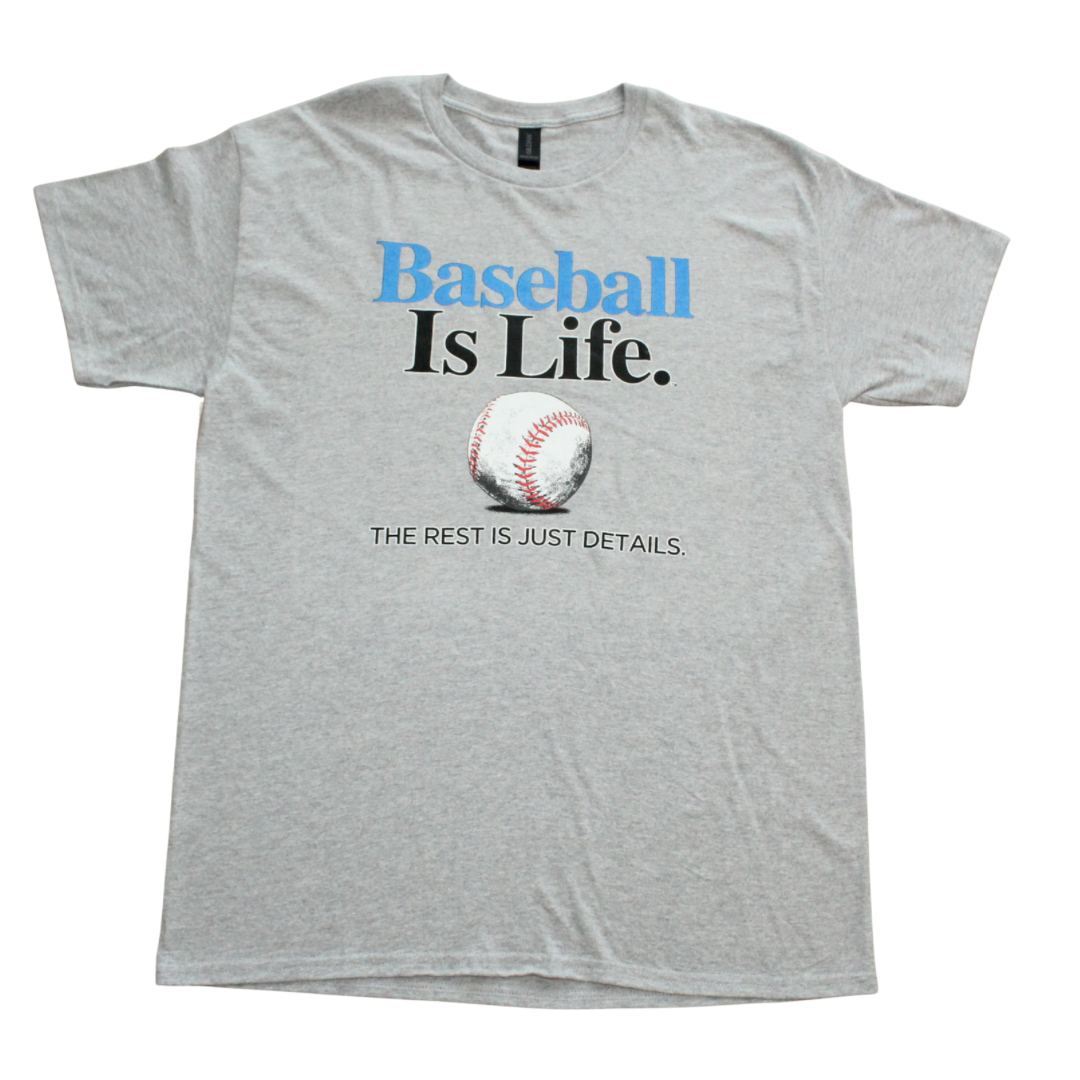 Gray t-shirt with 'Baseball Is Life' text and baseball graphic on a white background