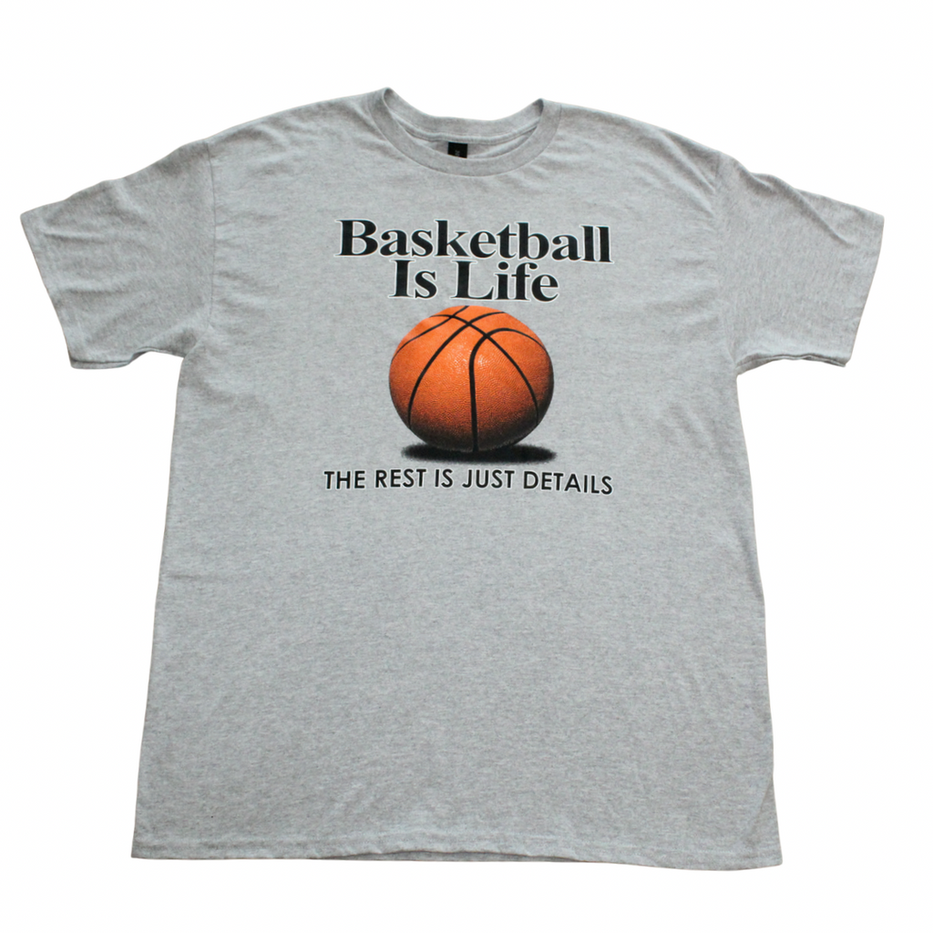 Gray t-shirt with a basketball graphic and text on a white background, front view, crew neck