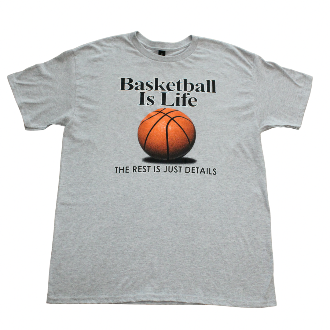 Gray t-shirt with a basketball graphic and text on a white background, front view, crew neck