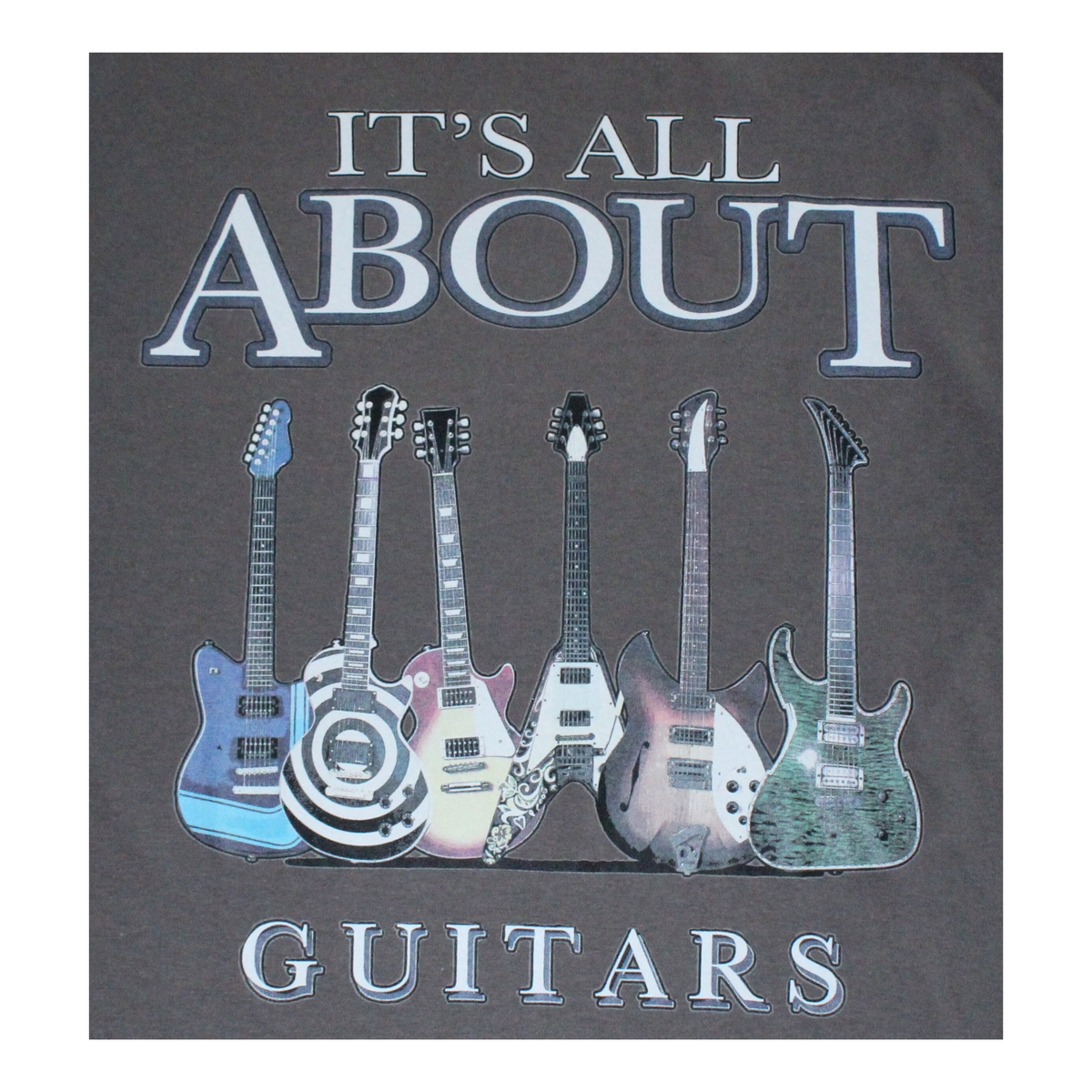 Decorative mat with six guitars and text 'It's All About Guitars' on a dark background
