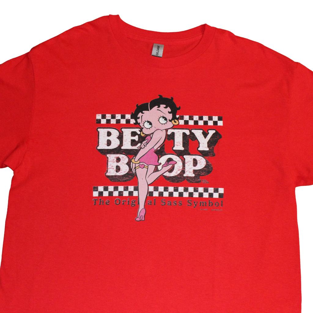 Red t-shirt with Betty Boop graphic design on a white background
