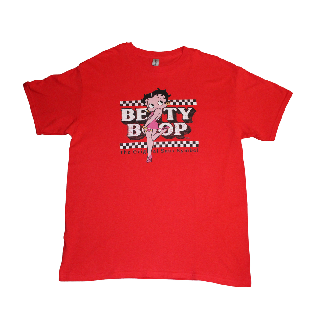 Red t-shirt with Betty Boop graphic, round neck sweatshirt, front view