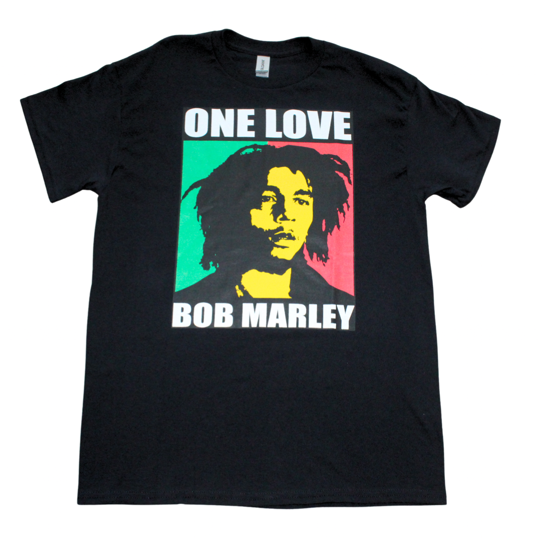 Black t-shirt with Bob Marley graphic and 'One Love' text on a white background, front view, round neck