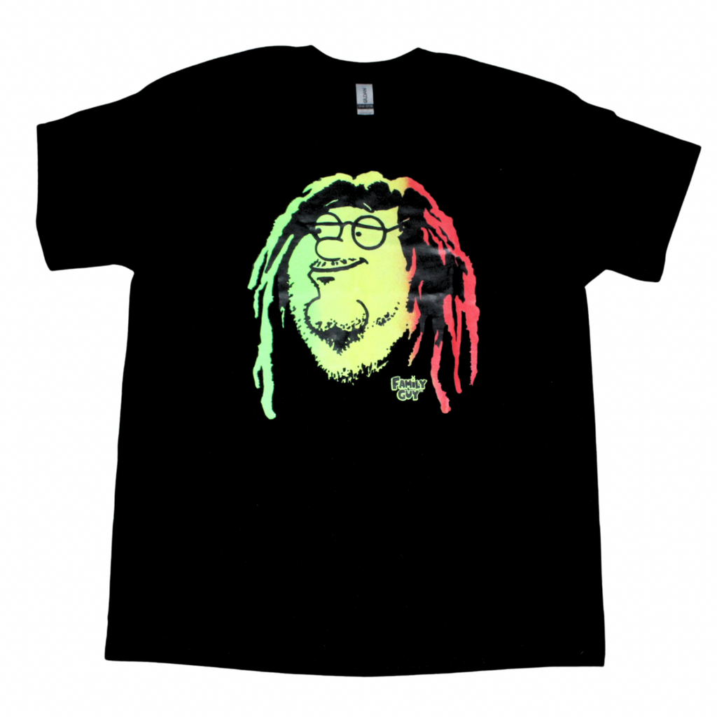 Family Guy Rasta Peter graphic t-shirt on black tee, front view, crew neck