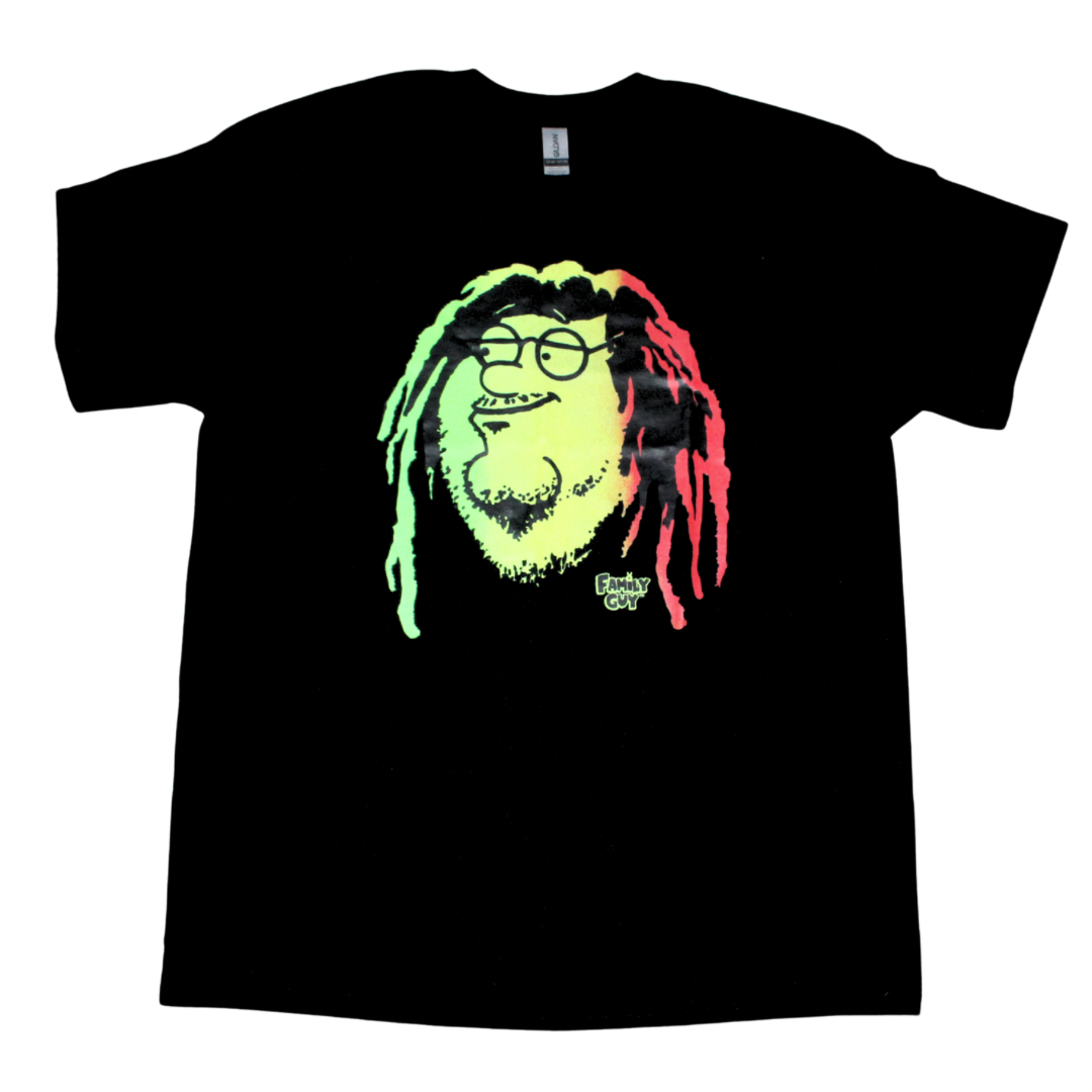 Family Guy Rasta Peter graphic t-shirt on black tee, front view, crew neck