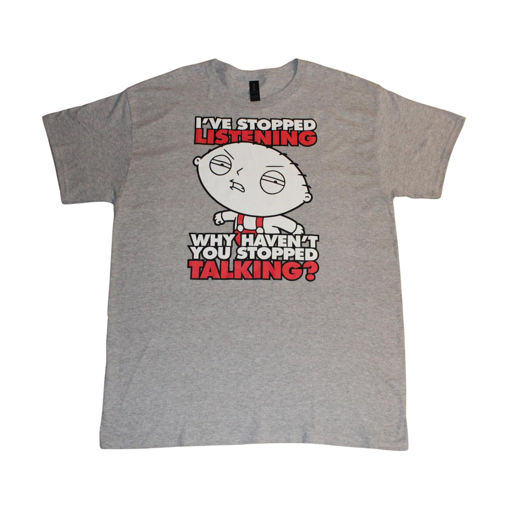 Gray t-shirt with Family Guy cartoon character and funny text, round neck shirt, front  view
