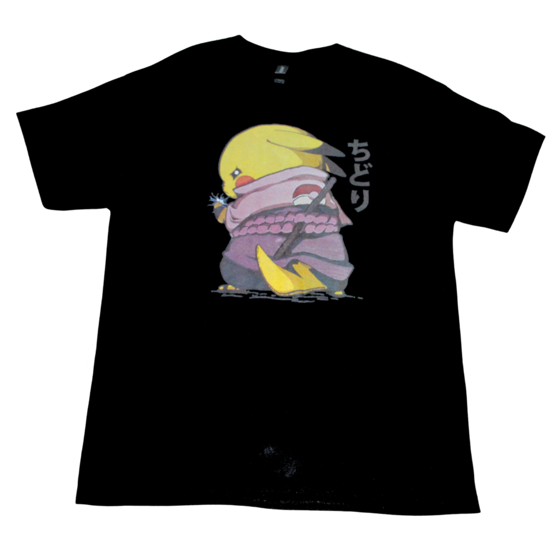 Samurai Pikachu graphic t-shirt on black tee, front view, round neck