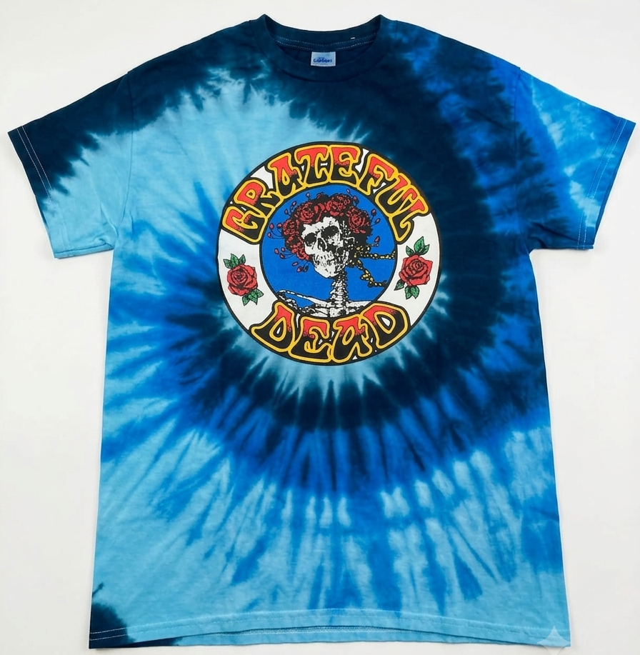 A blue and light blue tie-dye t-shirt featuring the iconic Grateful Dead 'Sleepwalker' circular graphic on the chest, laid flat against a white background, front view crew neck