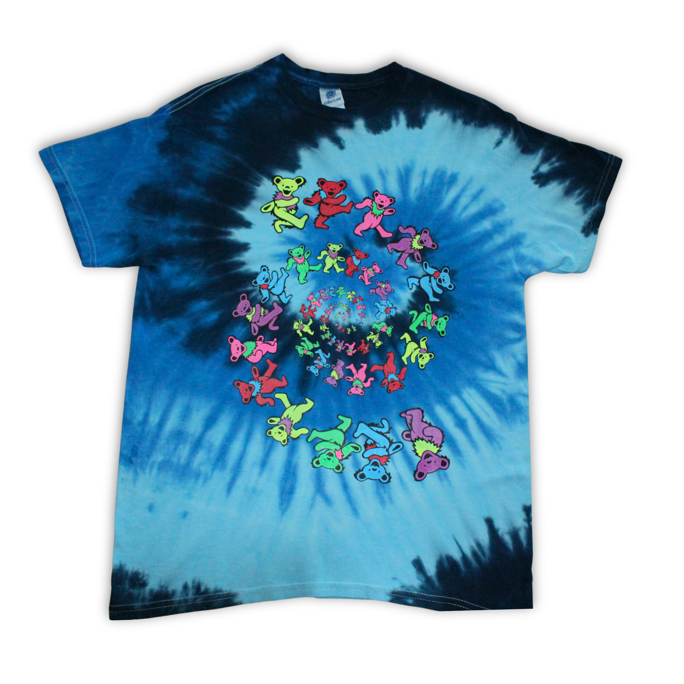 Tie-dye t-shirt with colorful bear pattern on a white background, round neck tee, front view