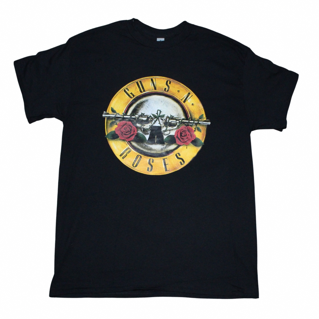 Black t-shirt with Guns N' Roses logo on a white background, round neck, front view