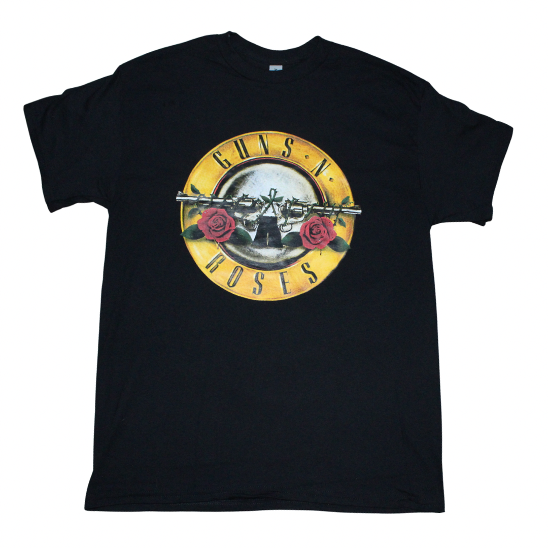 Black t-shirt with Guns N' Roses logo on a white background, round neck, front view