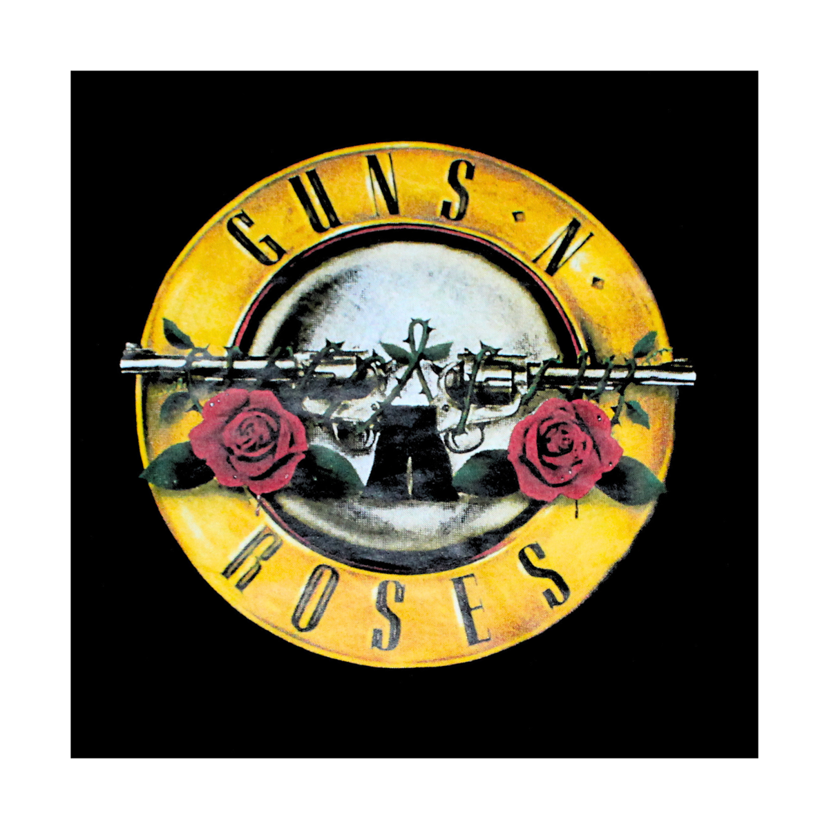 "Guns N' Roses classic logo graphic t-shirt on black tee, front view"