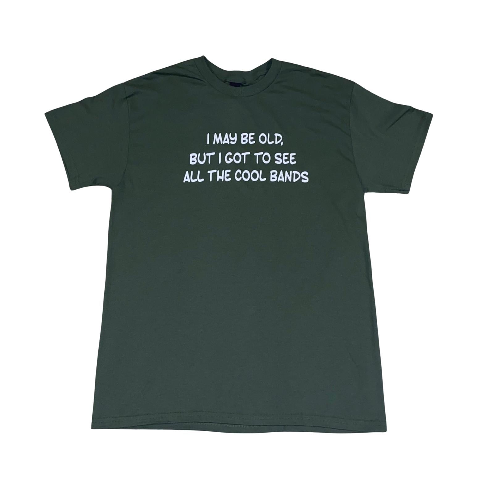 Green t-shirt with funny joke on white text, round neck shirt, front view