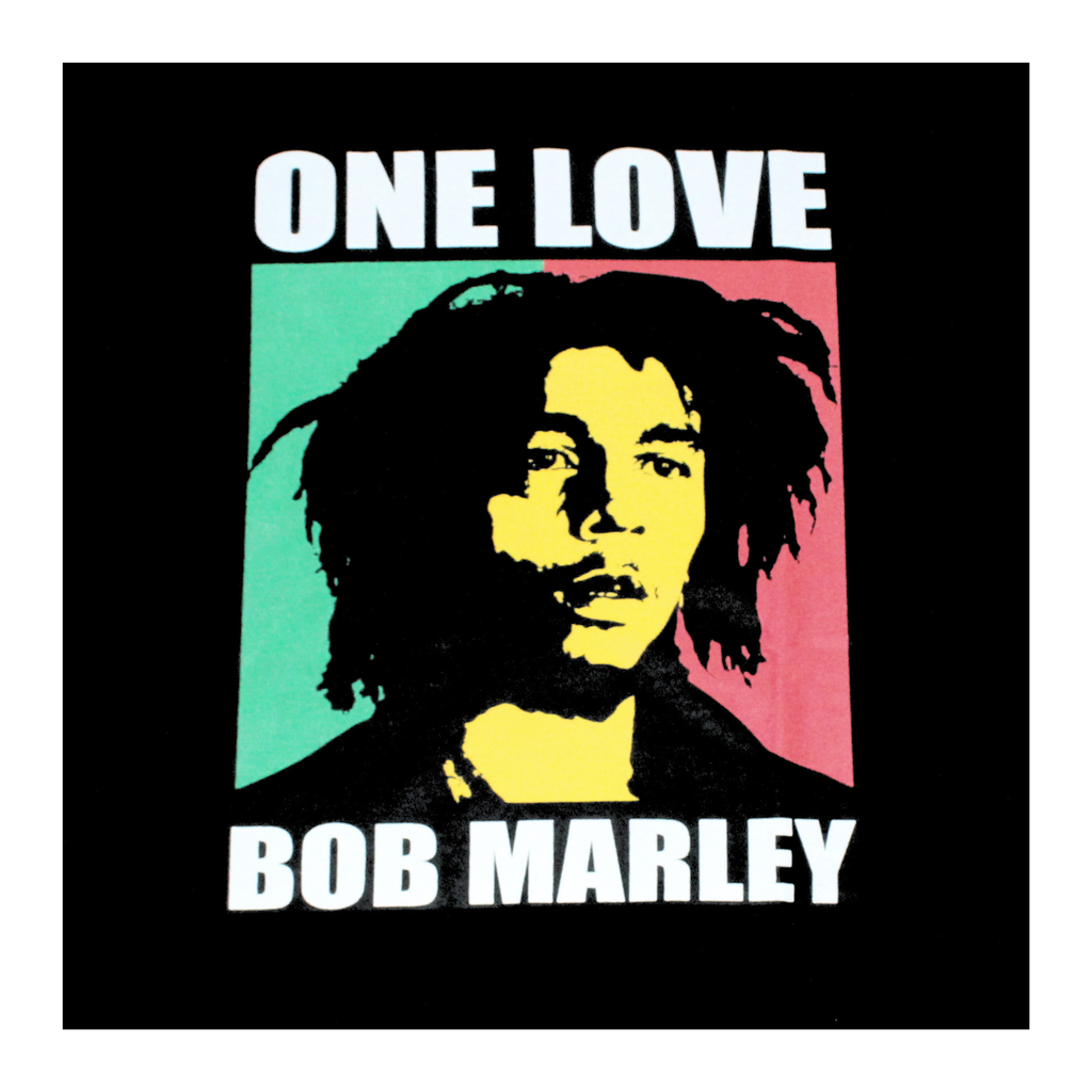 Bob Marley portrait with 'One Love' text on a black background