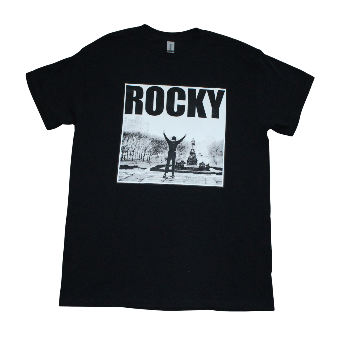 Rocky classic movie graphic t-shirt on black tee, front view, round neck