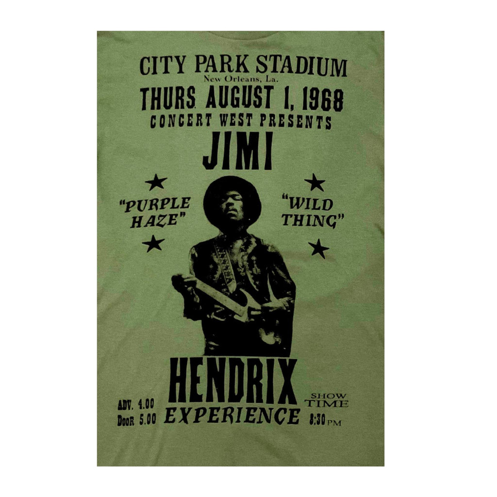 Olive green t-shirt with black text and graphic of Jimi Hendrix, featuring concert details.