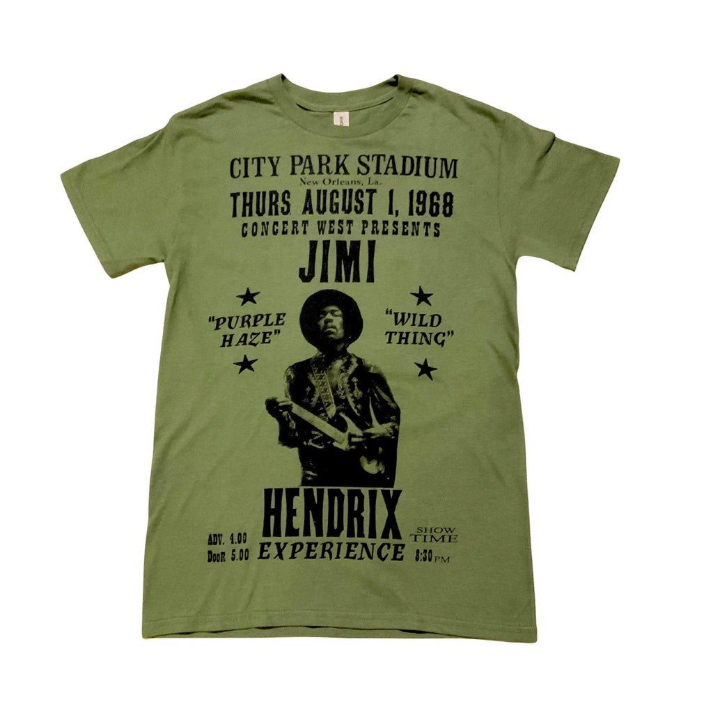 Olive green t-shirt with black graphic and text of Jimi Hendrix Experience concert details, round neck shirt, front view