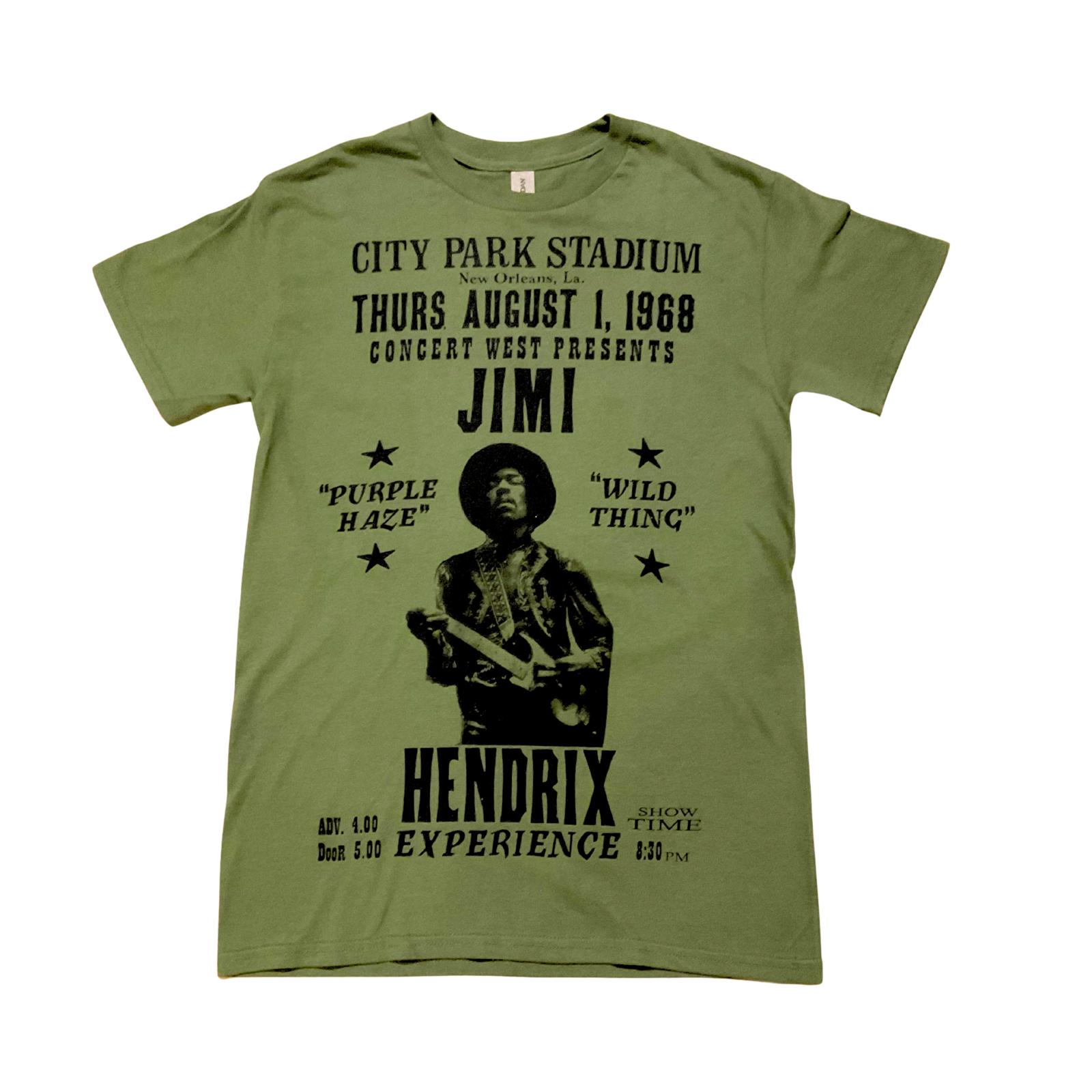 Olive green t-shirt with black graphic and text of Jimi Hendrix Experience concert details, round neck shirt, front view