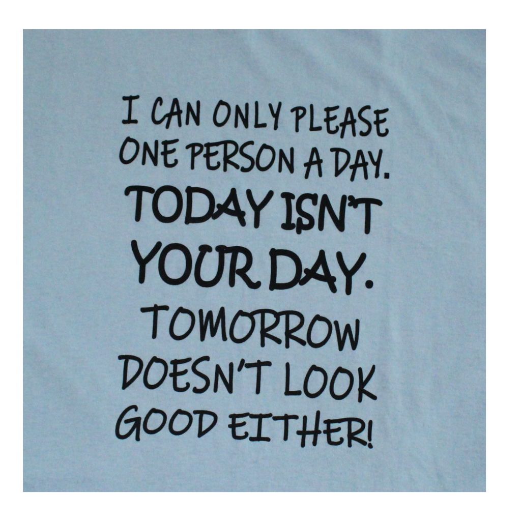 I Can Only Please One Person a Day funny t-shirt on black tee, front view