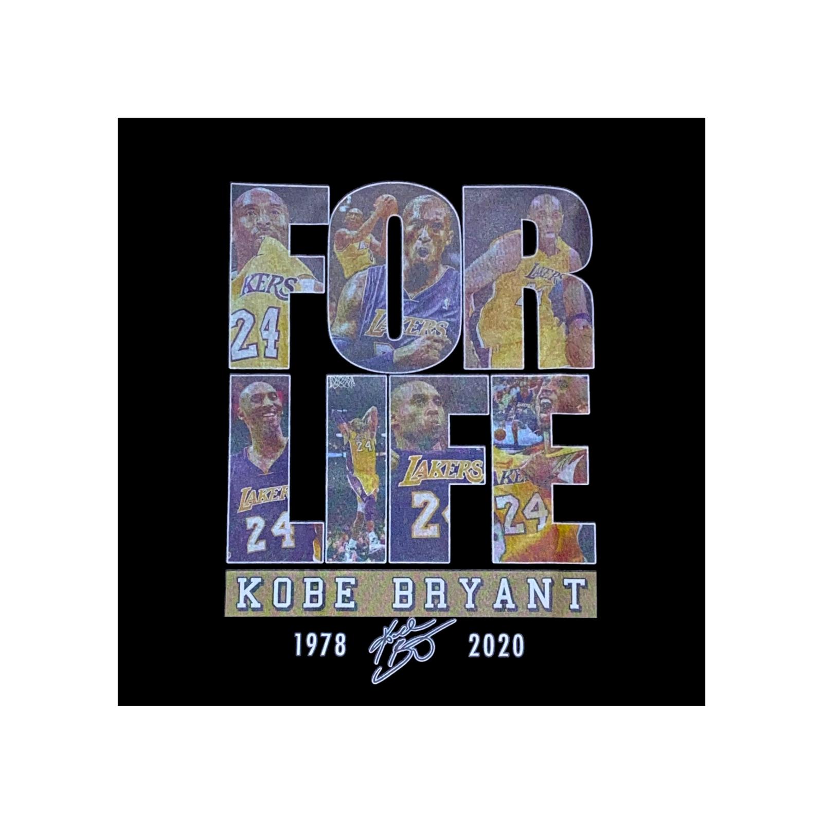 Memorial design for Kobe Bryant with images and text on a black background