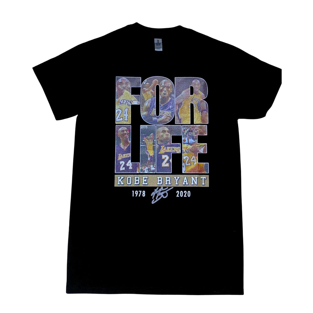 Black t-shirt with 'For Life Kobe Bryant 1978-2020' design, round neck shirt, front view, tribute shirt