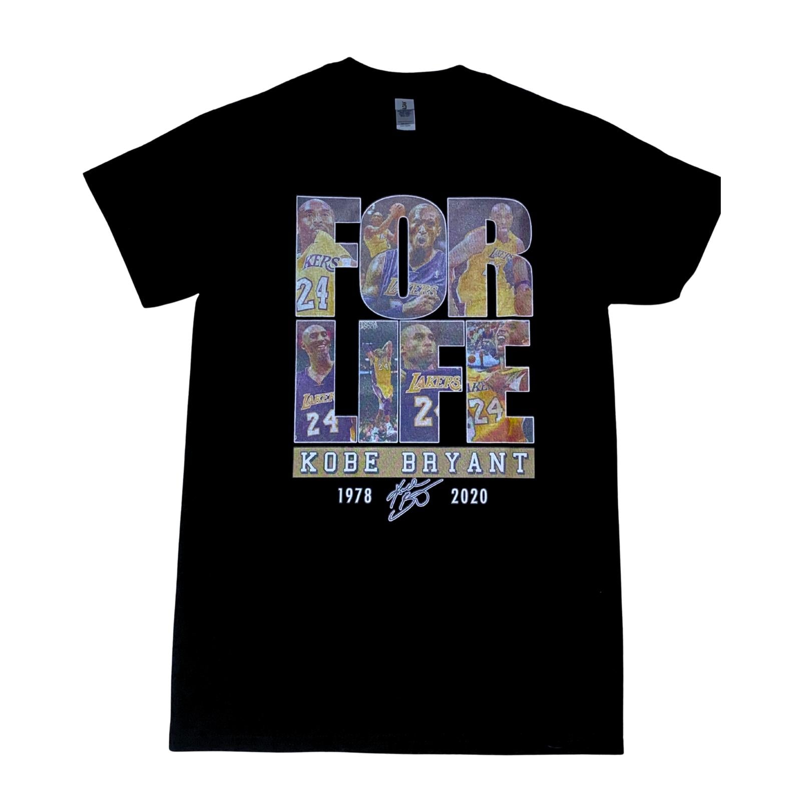 Black t-shirt with 'For Life Kobe Bryant 1978-2020' design, round neck shirt, front view, tribute shirt