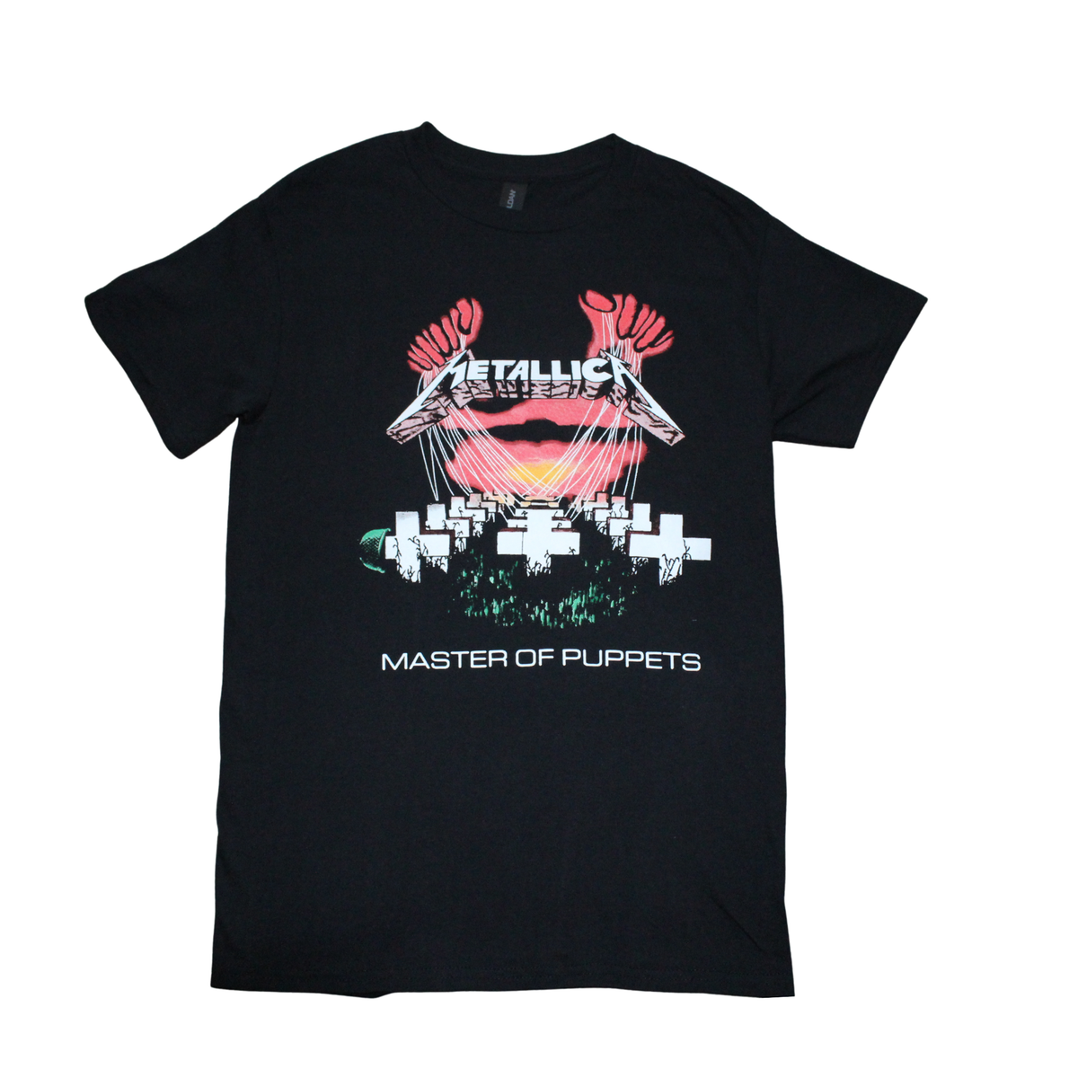 Black cool t-shirt with 'Master of Puppets' graphic design, front view, crew neck