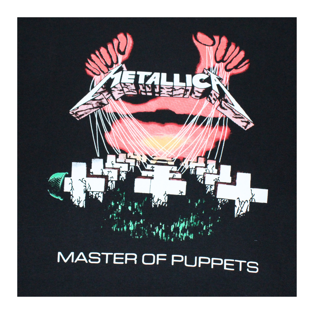 Metallica 'Master of Puppets' album cover with pink and white design on a black background