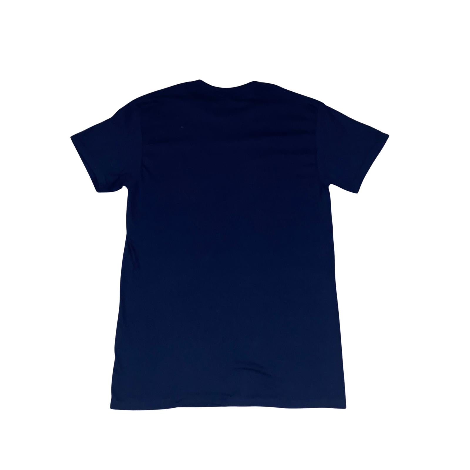 Navy blue t-shirt , round neck sweatshirt, back view