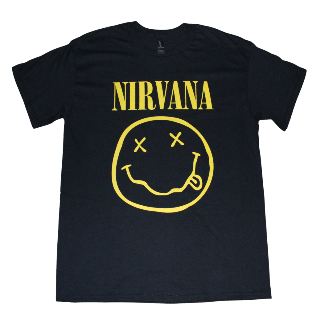 Black t-shirt with yellow Nirvana smiley face logo on a white background