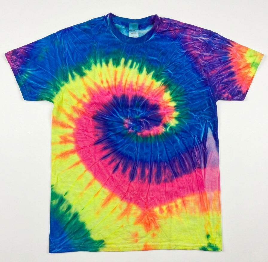 A short-sleeve tie-dye t-shirt featuring a large spiral pattern in vibrant shades of blue, yellow, pink, green, and orange, crew neck, front view.