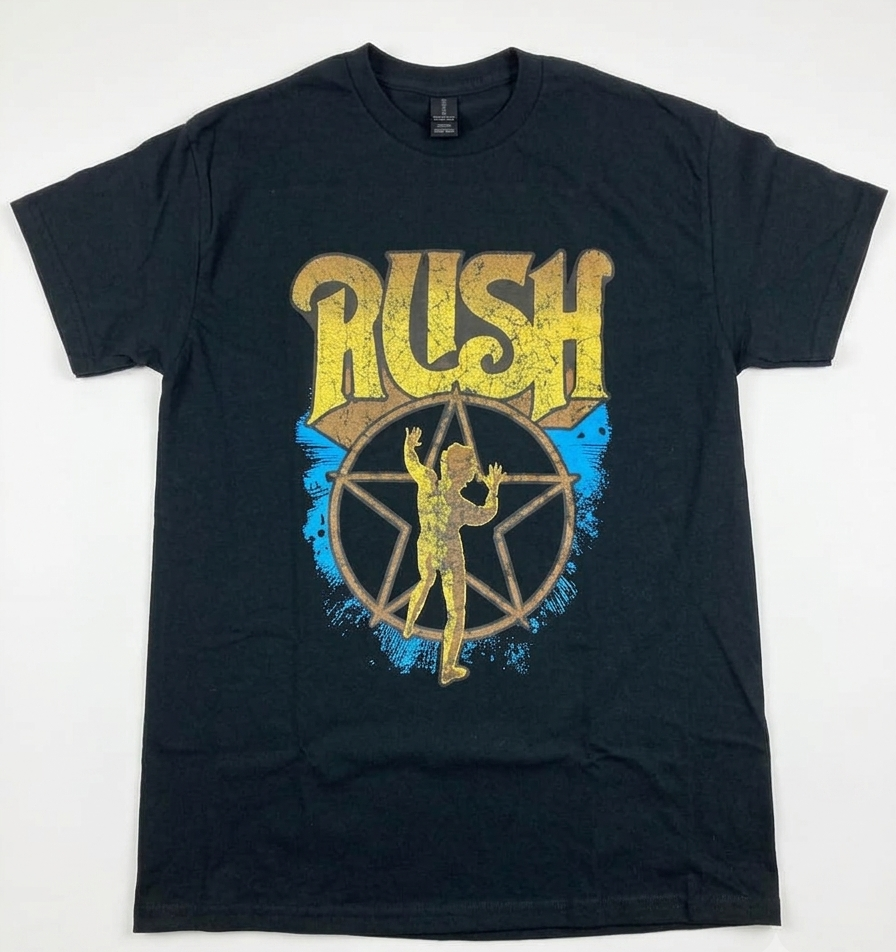 A black short-sleeve graphic t-shirt featuring the band Rush. The front displays a distressed yellow 'RUSH' logo above a gold pentagram silhouette with blue paint splatter accents, front view.