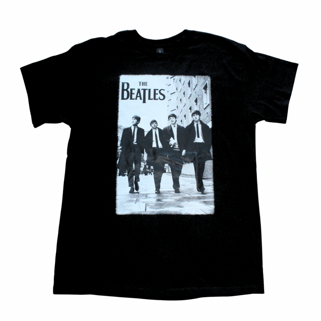The Beatles classic photo graphic t-shirt on black tee, front view, round neck