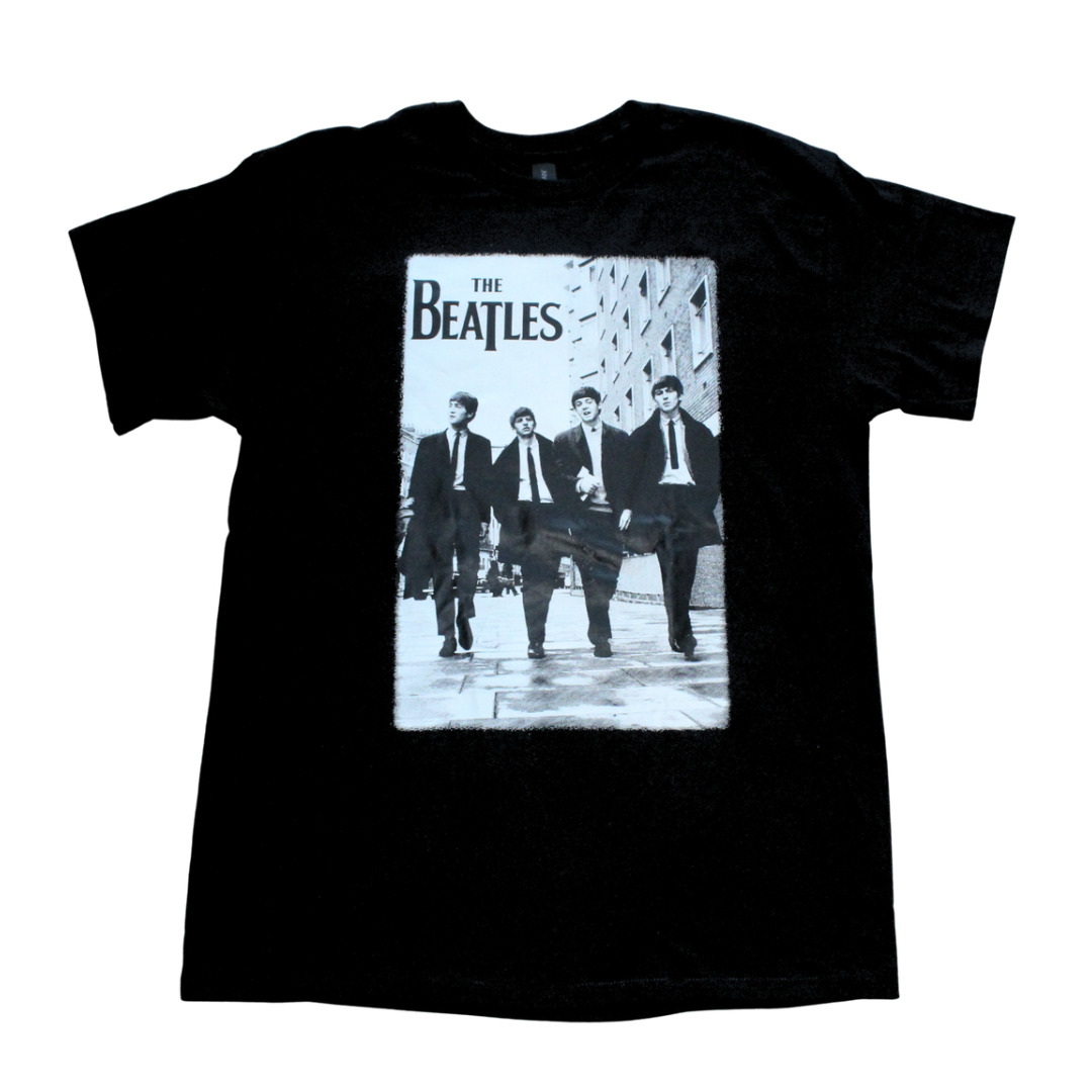 The Beatles classic photo graphic t-shirt on black tee, front view, round neck