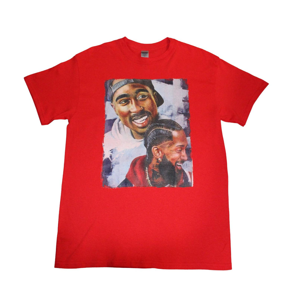 Red t-shirt with a picture of Tupac and Nipsey, round neck, front view