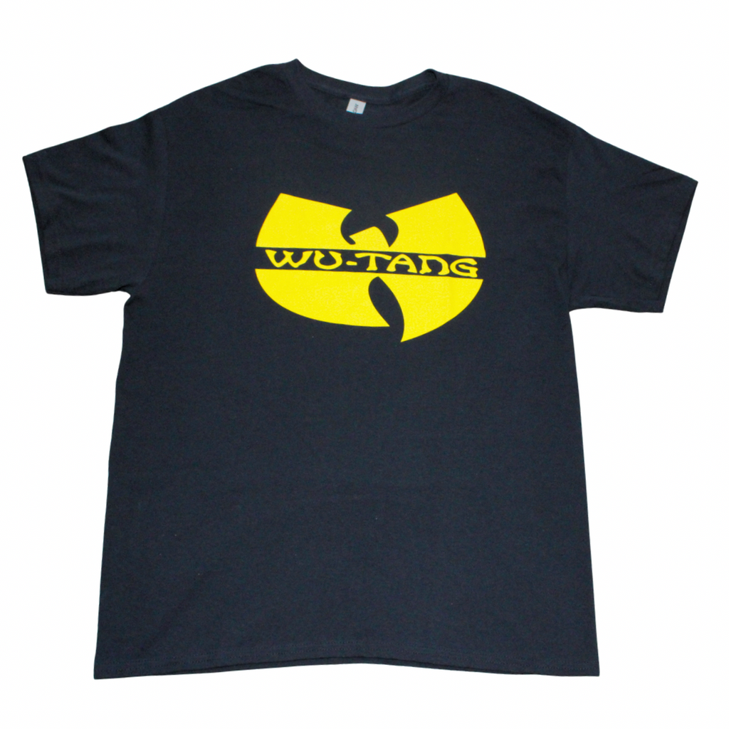 Wu-Tang Clan classic logo graphic t-shirt on black tee, front view, round neck