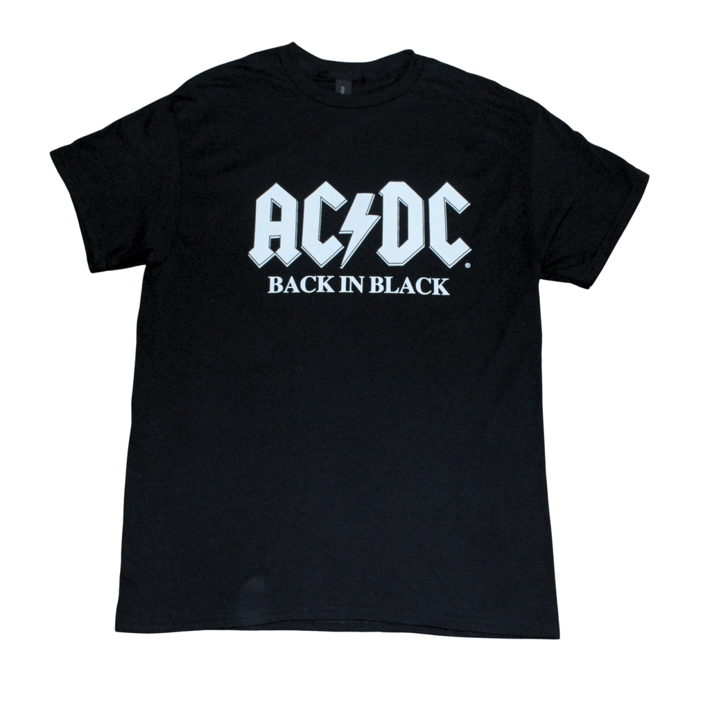 ACDC Back in Black rock band graphic t-shirt on black tee, front view, crew neck