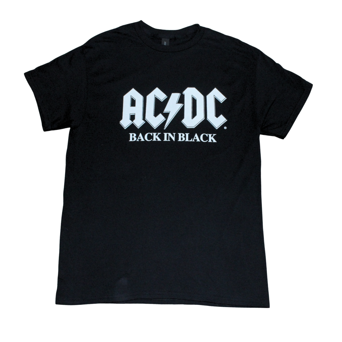 ACDC Back in Black rock band graphic t-shirt on black tee, front view, crew neck