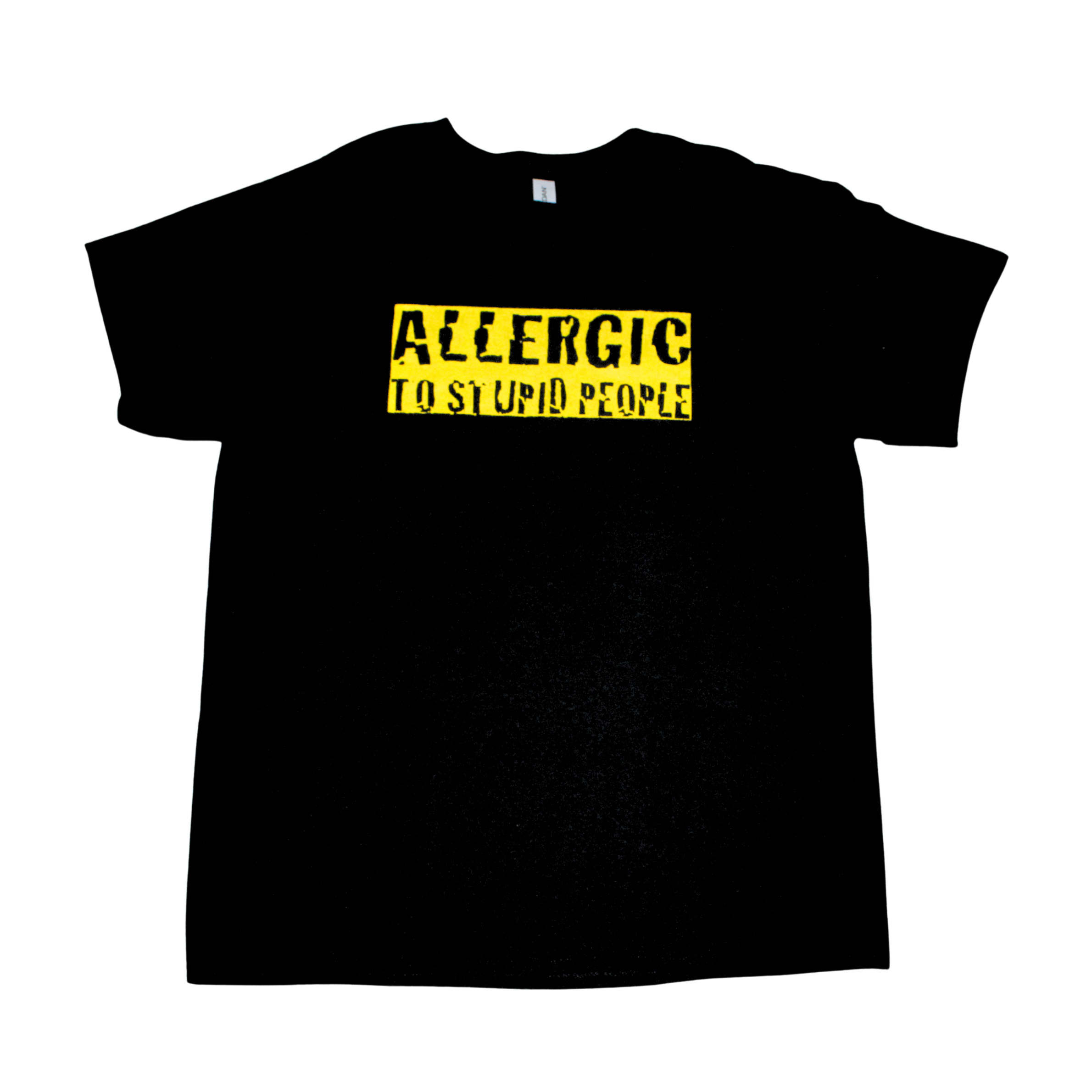 Black t-shirt with yellow funny text 'ALLERGIC TO STUPID PEOPLE', round neck, front view