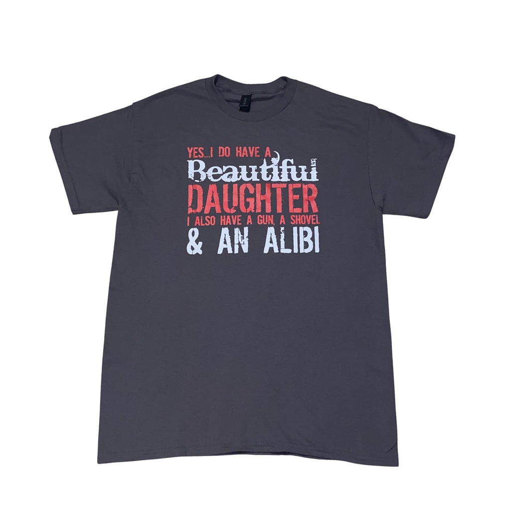 Black t-shirt with colorful fun text, round neck shirt, front view