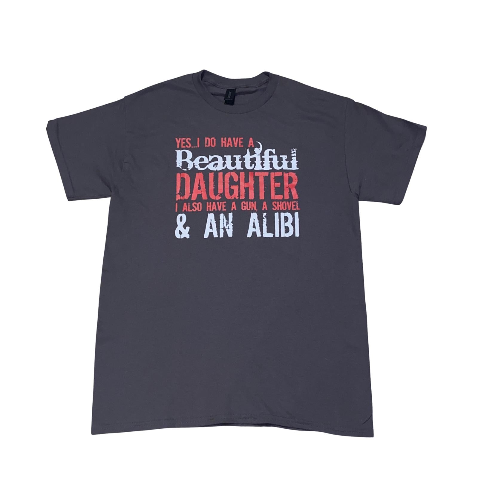 Black t-shirt with colorful fun text, round neck shirt, front view