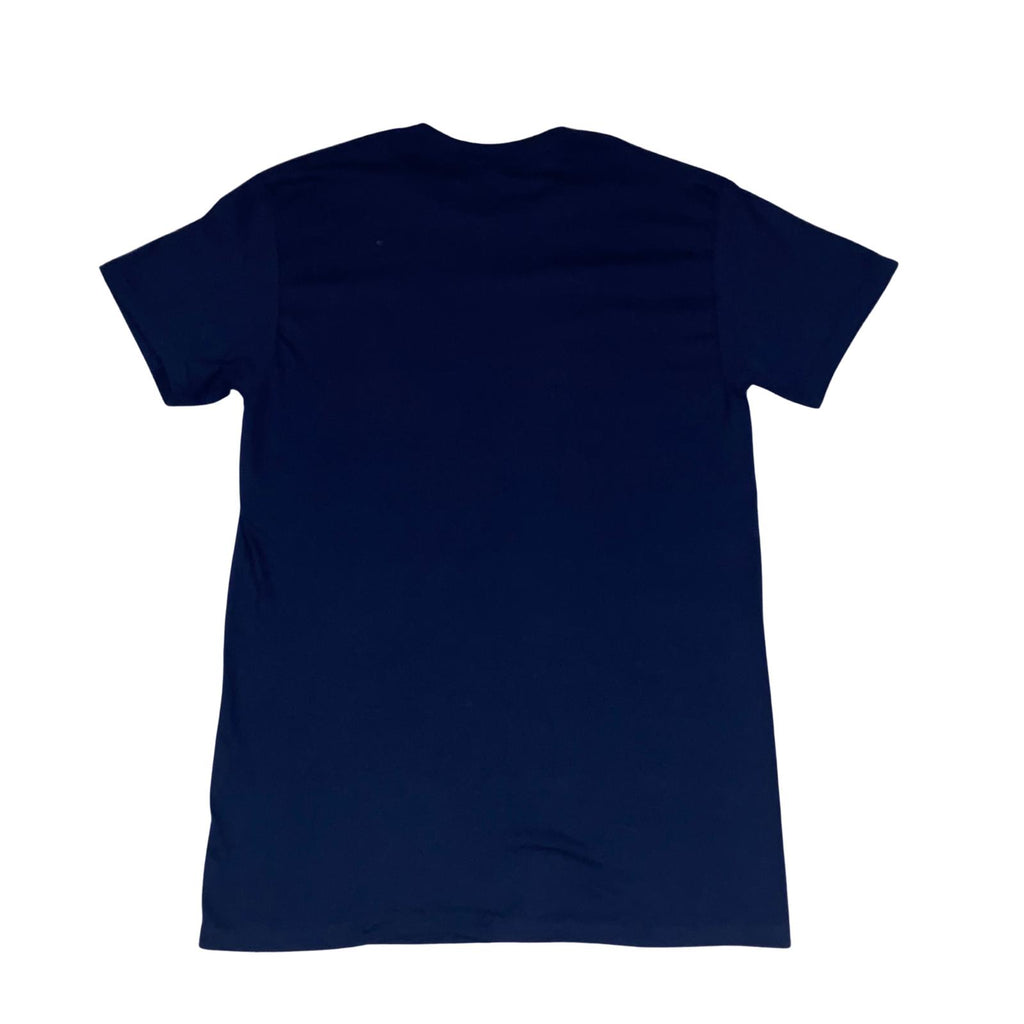 Navy blue t-shirt with round neck, back view