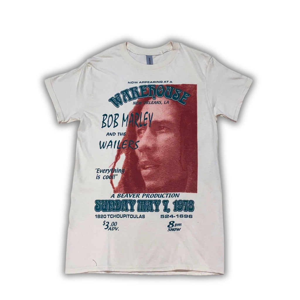 White t-shirt with Bob Marley graphic and text on a white background, round neck t-shirt, singer design shirt, front view