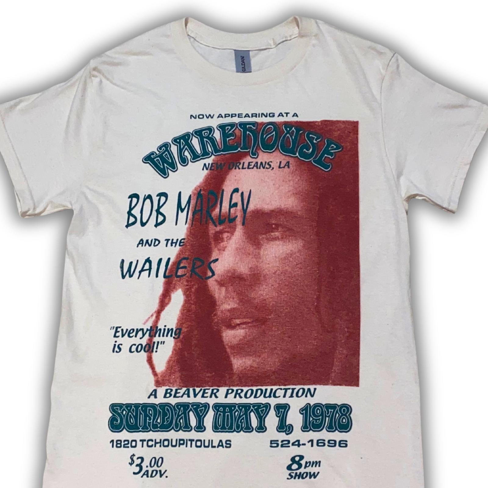 T-shirt with Bob Marley and The Wailers vintage graphic design on a white background