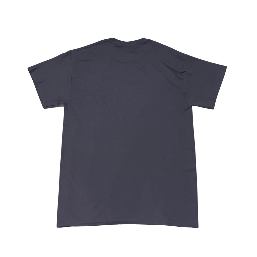 Plain navy blue t-shirt, round neck, back view