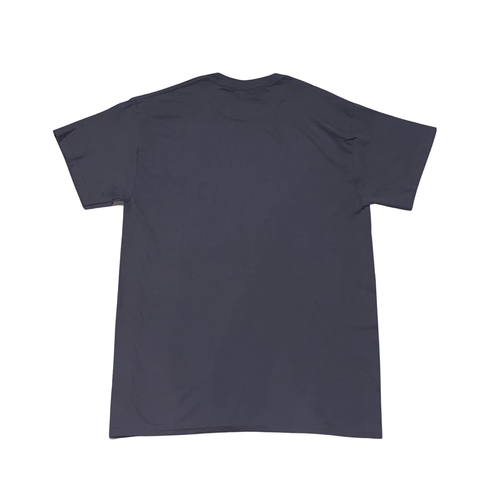 Plain navy blue t-shirt, round neck, back view