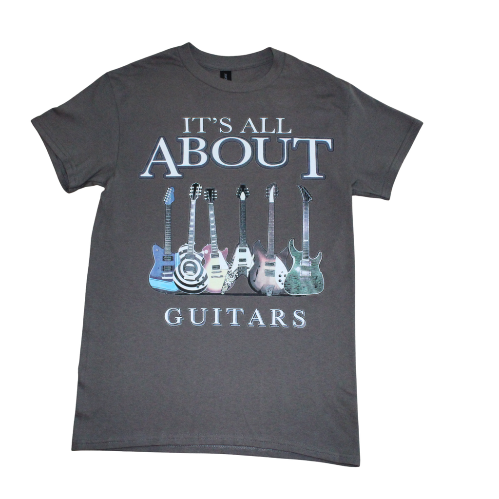 Gray t-shirt with guitar graphic and text 'It's All About Guitars' on a white background, front voew, round neck