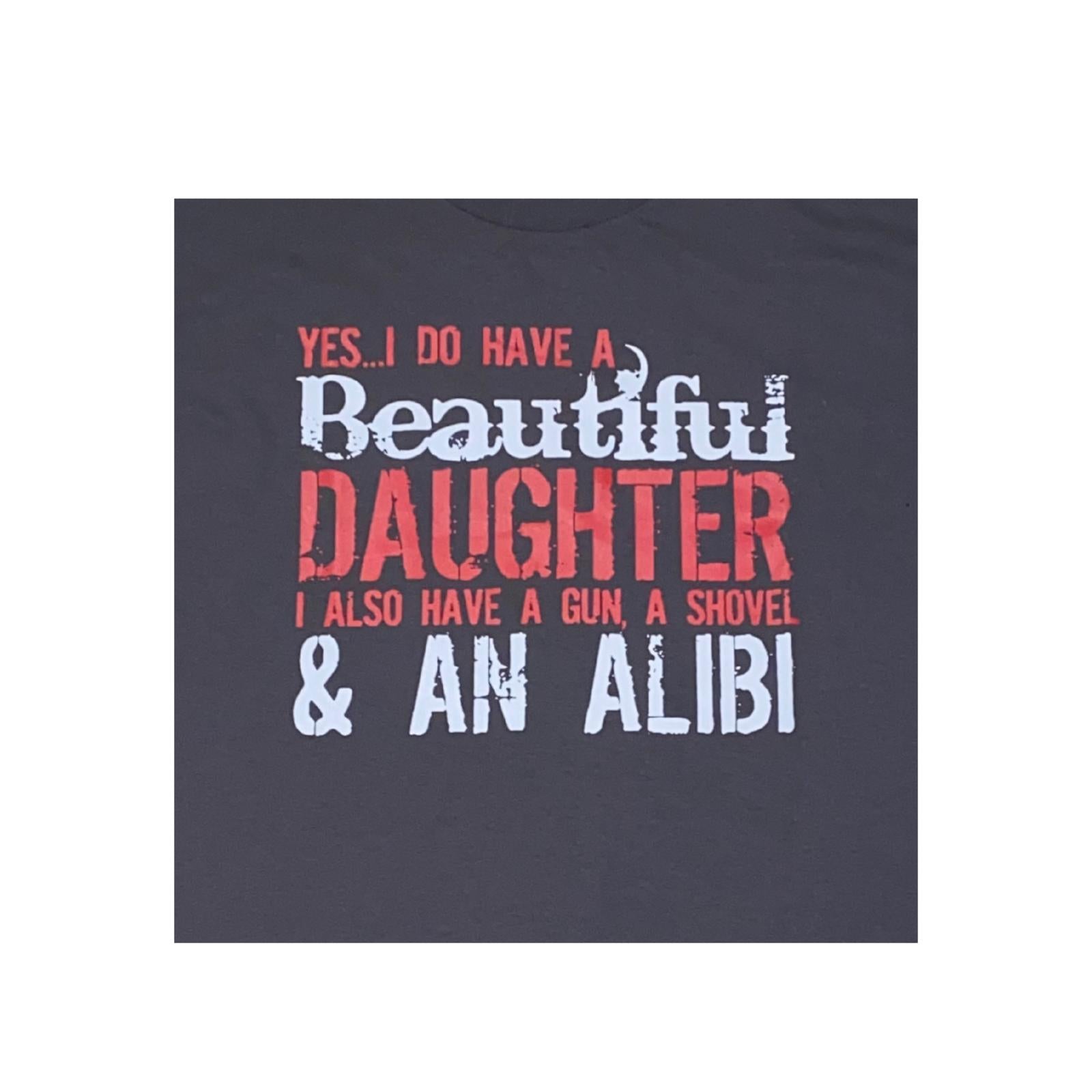 Black t-shirt with red and white daughter joke