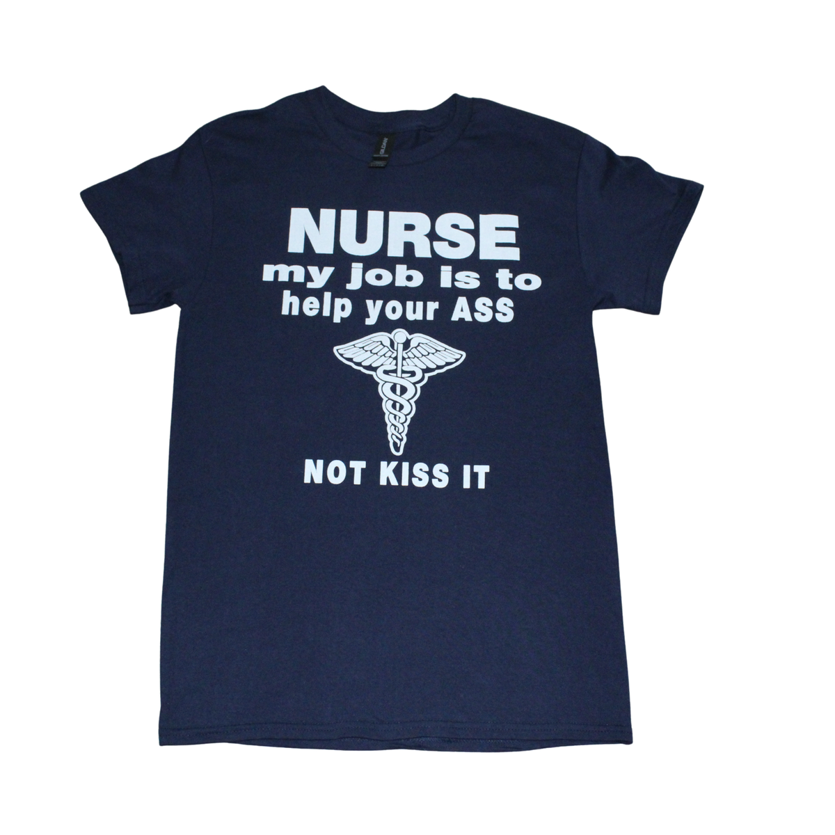 Navy blue t-shirt with white text and caduceus symbol on a white background