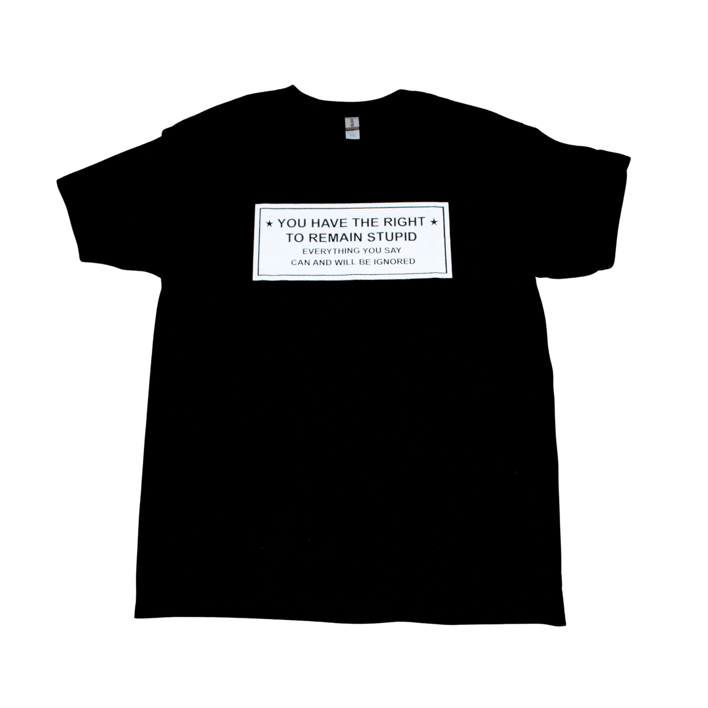 Black t-shirt with funny warning on white text, round neck tee foor woman and man, front view